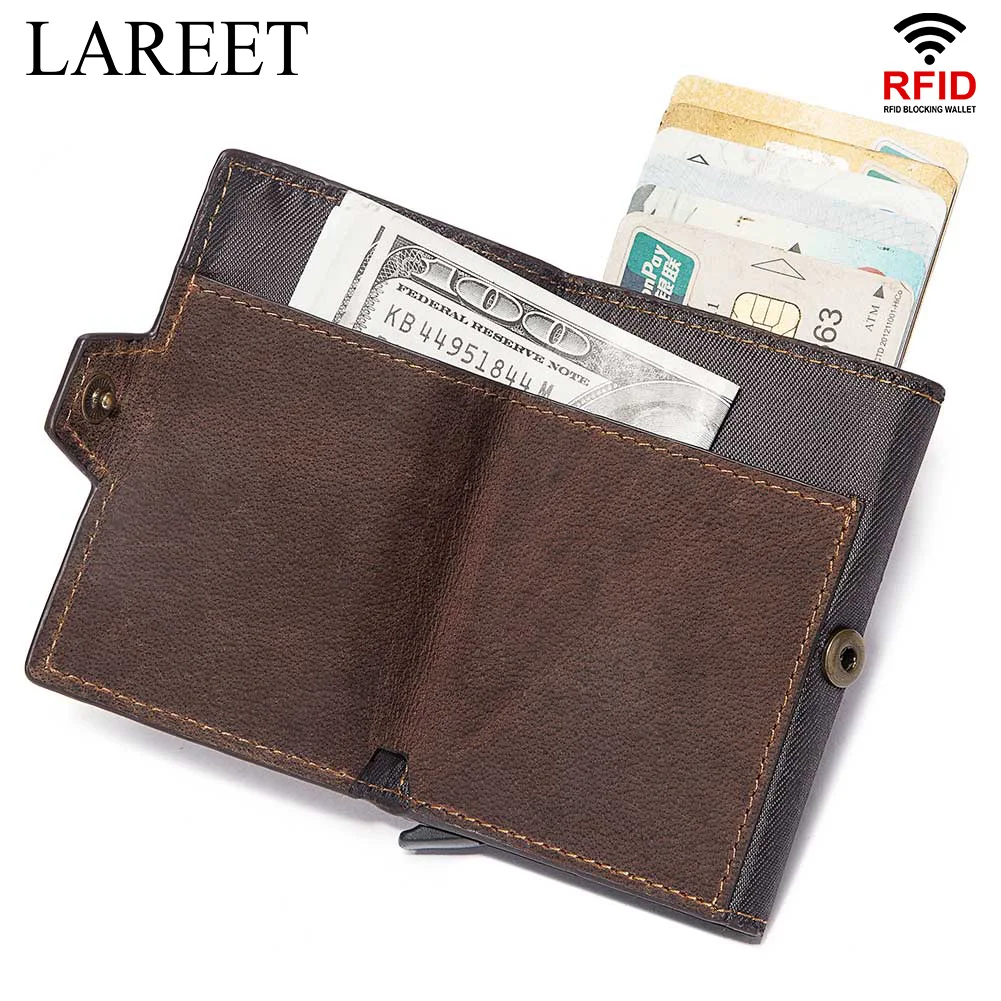 

Wallet Rfid Credit Card Holder Men Customize Wallet Double Metal Case Minimalist Personalized Wallet Hasp Genuine Leather
