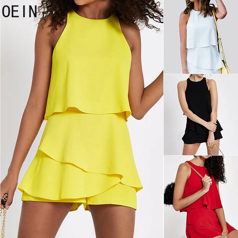 

Women OL Solid Loose Palysuits Summer Chiffon Falbala Sleeveless Ladies High Street Overalls Jumpsuits