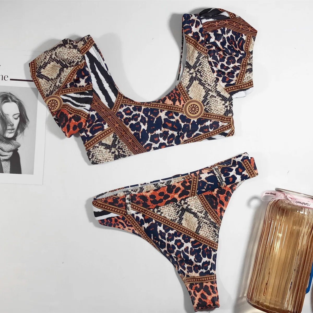 

Short Sleeve Printed Swimsuit Sexy High Waist Bikini Set 2021 Women Swimsuit Monokini Two Pieces Swimwear Retro Bathing Suit