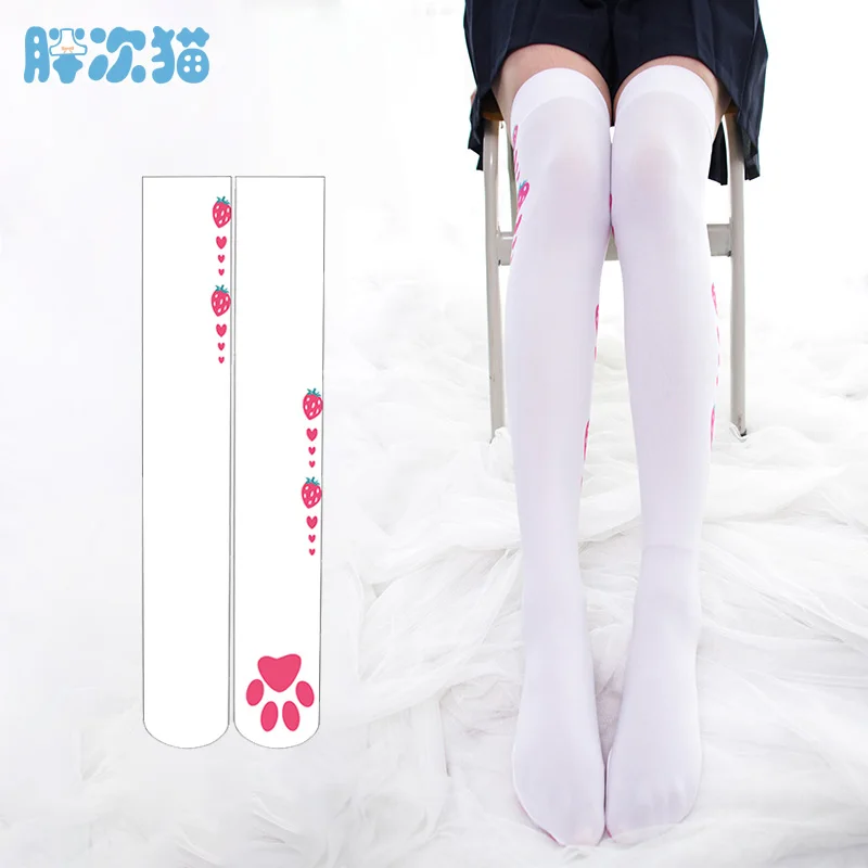 

Princess sweet lolita stockings Original strawberry cat paw print knee stockings girl velvet thigh high stockings LHCP028
