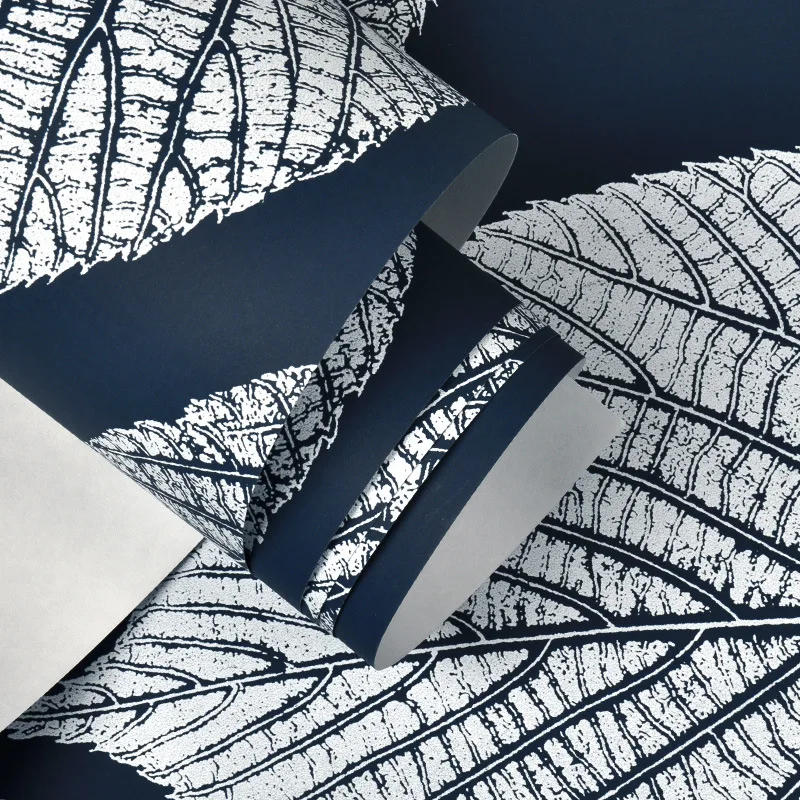 Современные листья с мерцающими тонами эффект обои из ПВХ черный белый синий