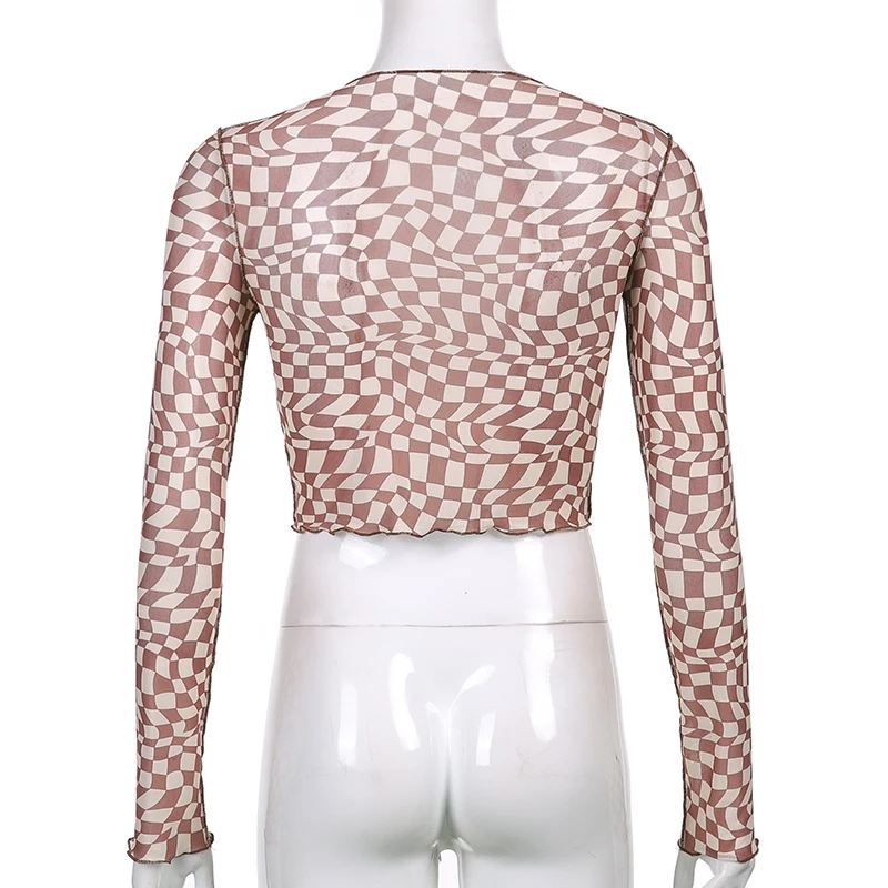 

Casual Brown Plaid Y2k Long Sleeve Female Short Mesh Women's T-Shirts For Girls 2021Fashion Crop Top Kawaii Tee Shirt Streetwear