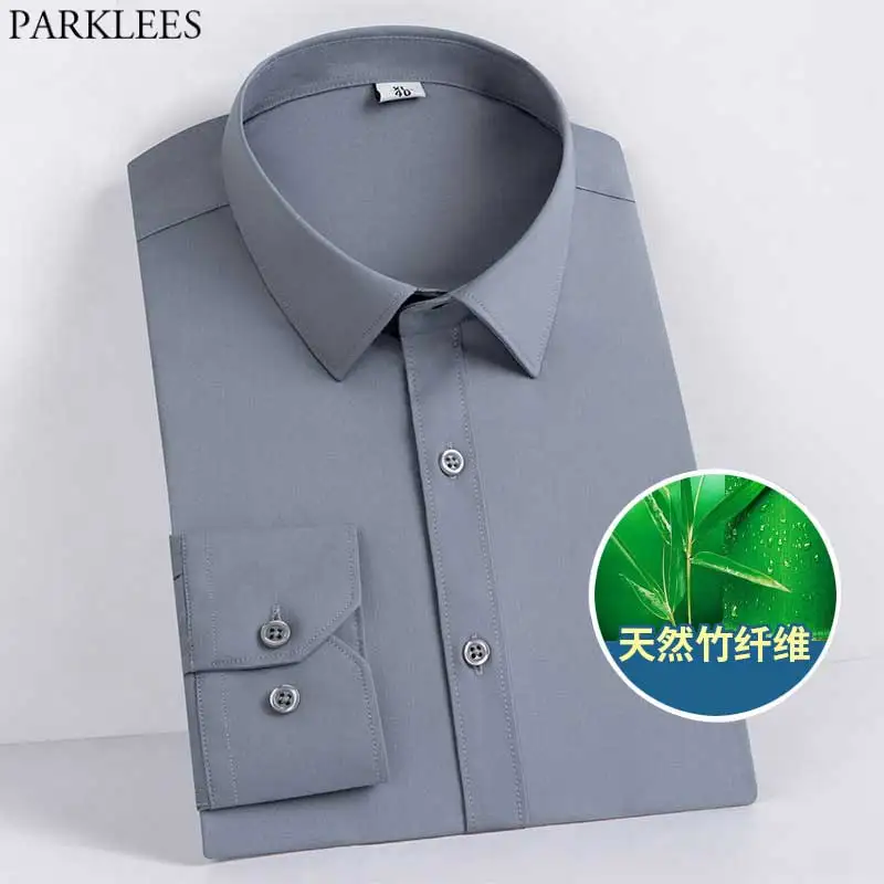 

Gray Bamboo Fiber Dress Shirts Men 2021 Brand Slim Fit Long Sleeve Shirt Male Non Iron Easy Care Formal Business Chemise Homme