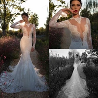 free shipping new arrival lace mermaid wedding dresses 2016 romantic long sleeve robe de mariage bridal gown with long train