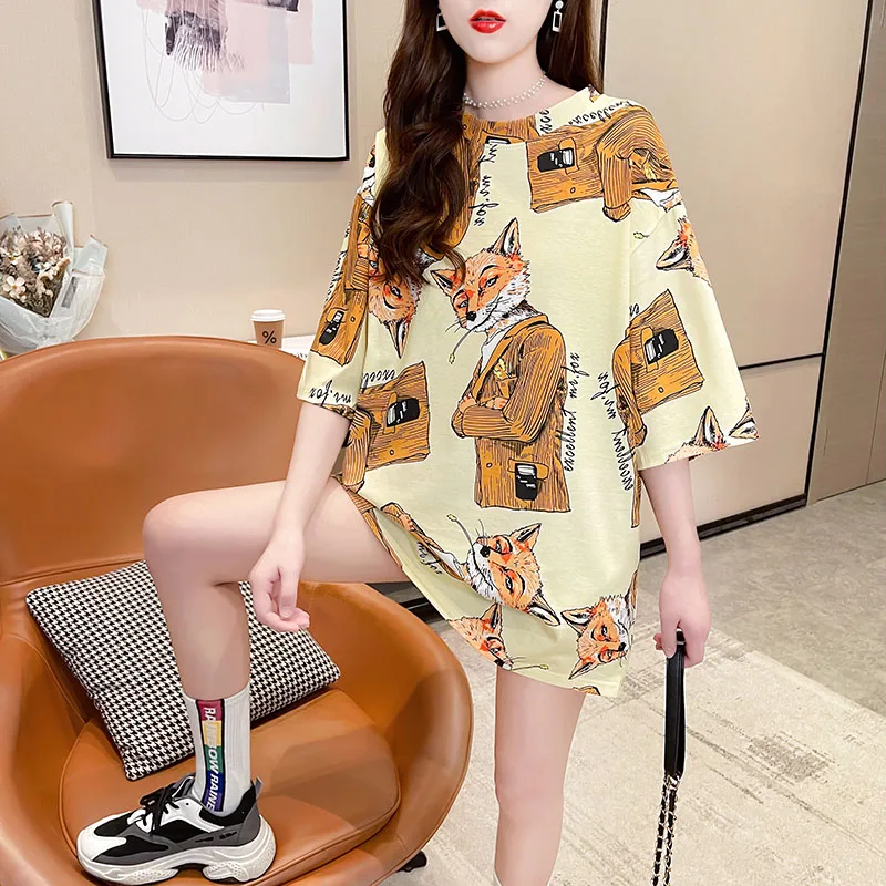 

14 Styles Print Fox Oversized T Shirt Women 2021 Summer New Arrial Streetwear Hip Hop Tshirt Lady Fashion Women Tops and Bloues