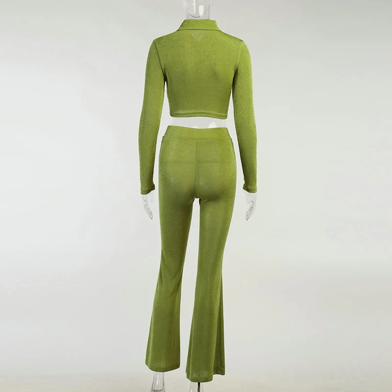 

Woman Sets Autumn Fashion Slim Solid Color Long Sleeve 2 Colors SML Lapel Woman Casual Short Knitted Outwear & Long Flare Pants