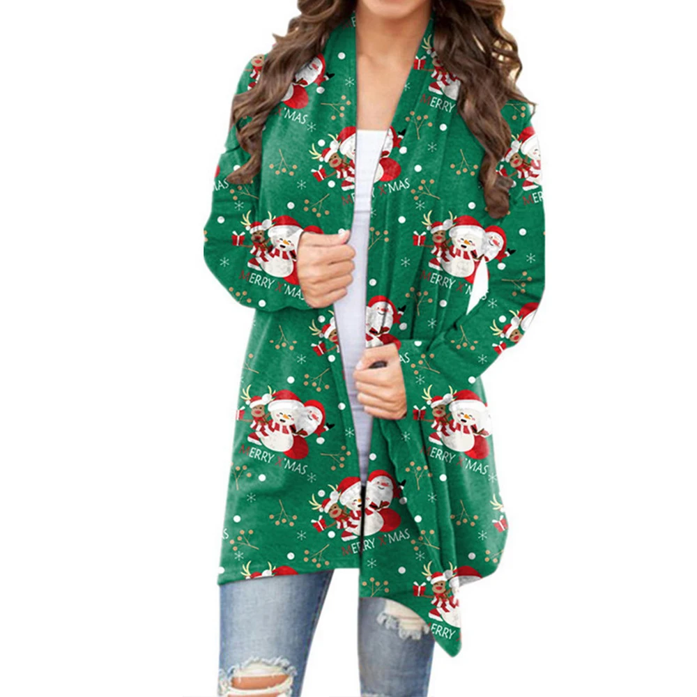 

Women Christmas Printing Long Sleeve Cardigan Knitted Casual Autumn Long Coat Ladies Clothes Thin Loose Middle Length Outerwear
