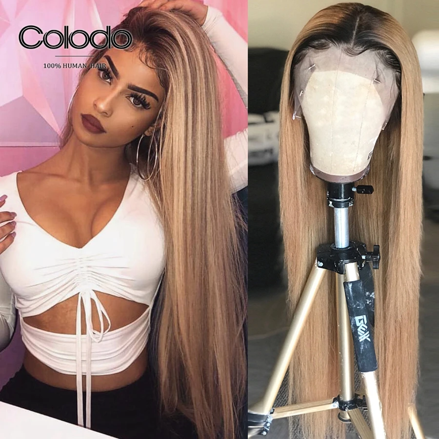 Парики COLODO Remy блонд с темным корнем бразильские Ombre Цвета длинные прямые