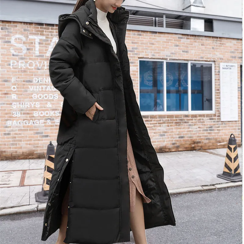 

Зимняя женская пуховая куртка с капюшоном, модное Свободное пальто выше колена, длинные толстые теплые парки, верхняя одежда с ветрозащитны...