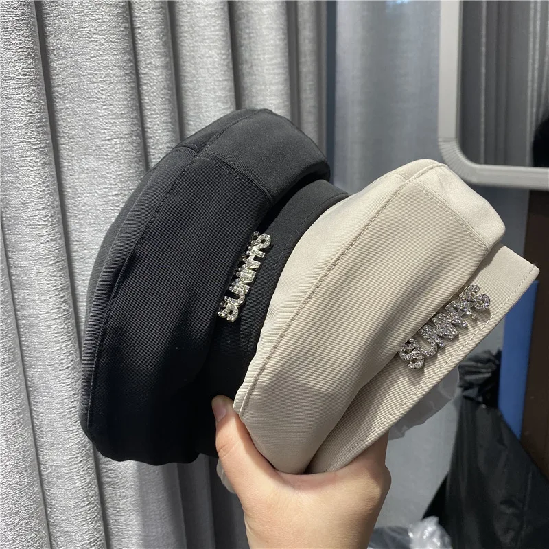 

202101-shi9204 Spring Rhinestone Letter High Grade Mercerized Cotton Fabric Lady Beret Hat Women Leisure Painter Hat