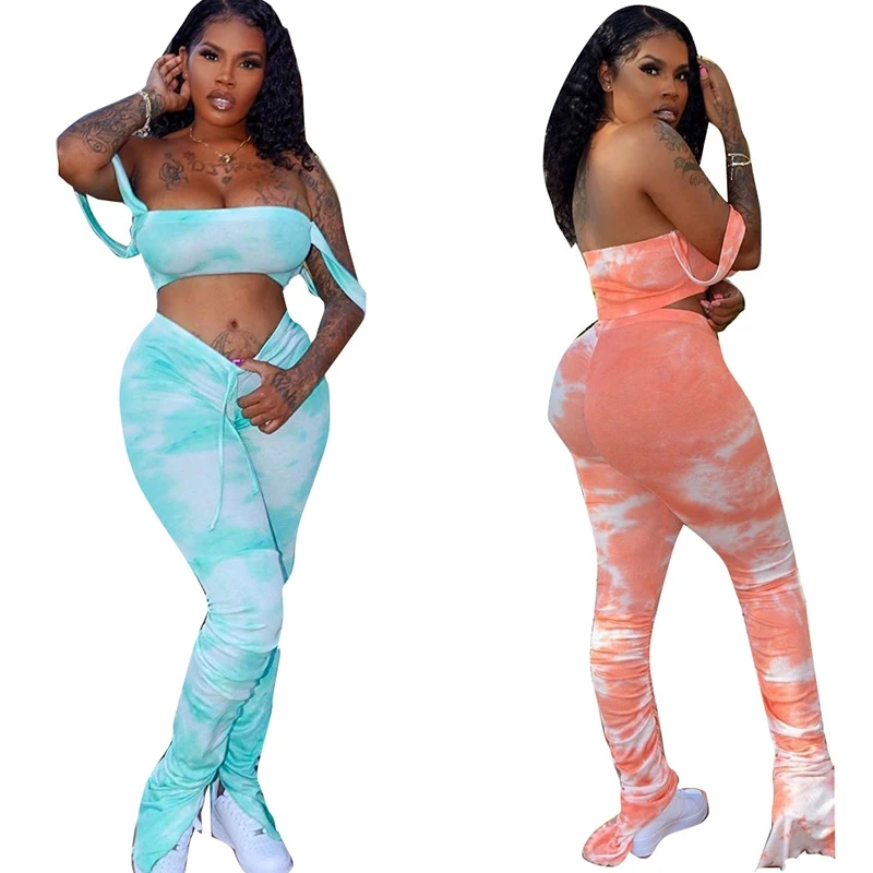 

Тай-дай печати без бретелек укороченный топ и сложены брюки пикантные Клубные наряды с открытыми плечами узкие вечерние комплект из двух пр...