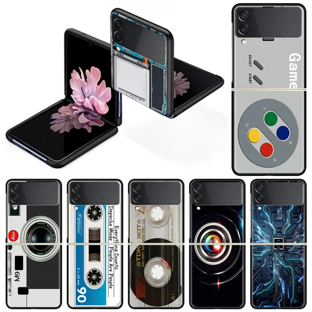 

Case For Samsung Galaxy Z Flip 3 Black Hard Phone Cover ZFlip 3 5G Shockproof Cases Fundas Retro Vintage Camera Cassette Music
