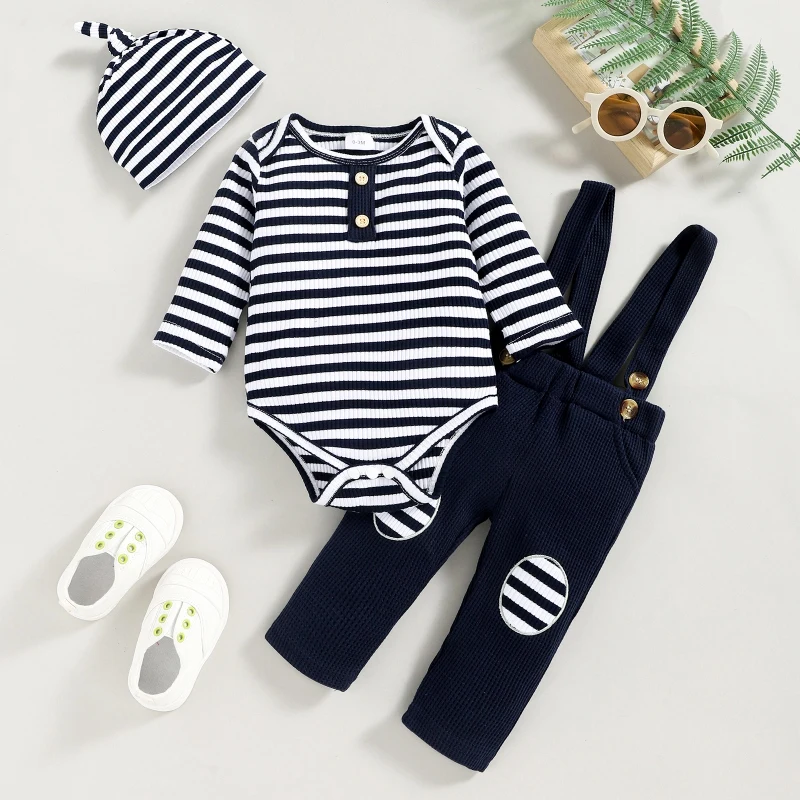 

Baywell Autumn Spring Infant Baby Overalls Set Striped Long Sleeve Romper+Suspender Pants+Hat Toddler Outfits Clothes 0-24M