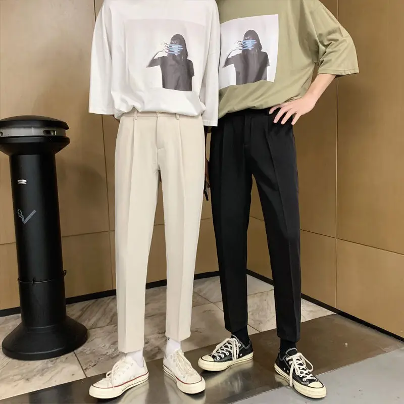 

2021 Men's Fashion Business Casual Pants Formal Straight Pants Slim Fit Trousers Silk Social Black/Beige Color Suit Pants S-2XL