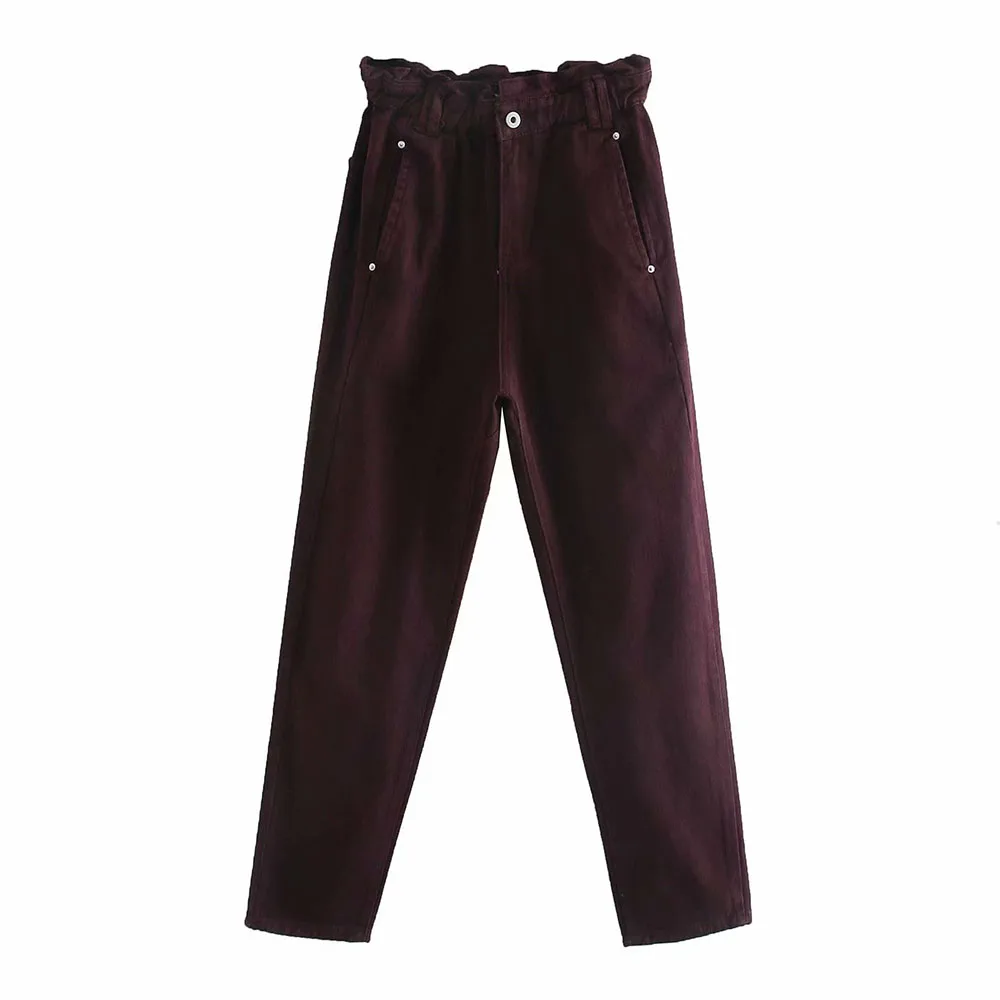 Women's jeans new women's spring and autumn paper bag style solid color long high waist slim loose jeans