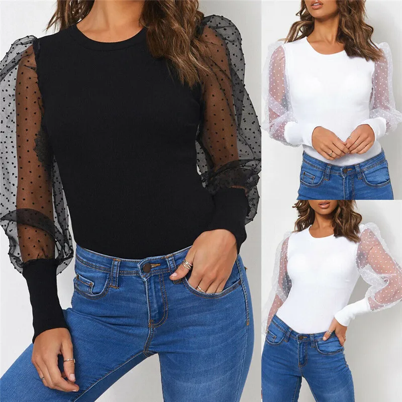 Модный сетчатый боди с пышными рукавами женское осеннее OL прозрачное длинным