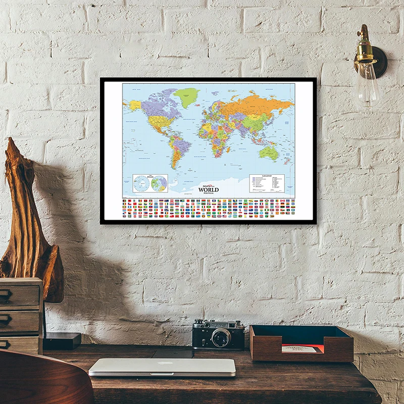 

The World Political Map Wall Art Map with National Flags Spray Canvas Painting School Classroom Supplies Home Decor 84*59cm