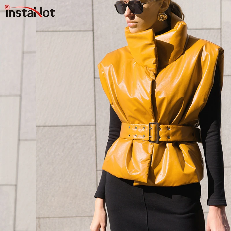 

InstaHot Women Coat Vest Turtleneck Parkas Jacket Sashes Office Lady Winter Casual Streetwear Cropped Padded Vest Outerwear 2020