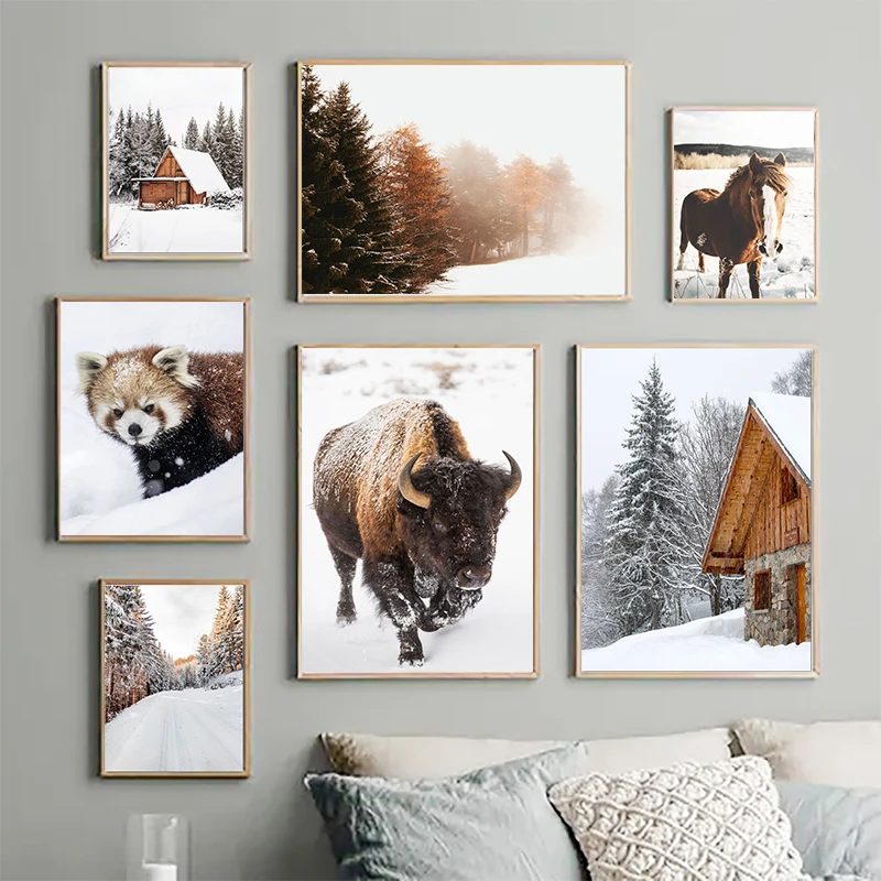 

Winter Snow Scene Yak Raccoon Taiga Mountain Cabin Nordic Style Wall Art Canvas Painting Posters And Prints Living Room Decor