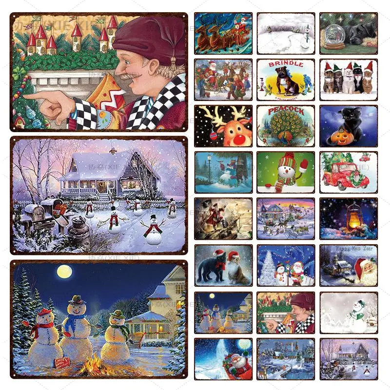 

Winter Snowman Cat Dog Elk Metal Tin Sign Christmas Santa Claus Metal Plaque Iron Painting Wall Decor For Cafe House Room