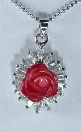 

White Gold Plate Inlaid crystal Red Coral carved flowers Pendant Necklace