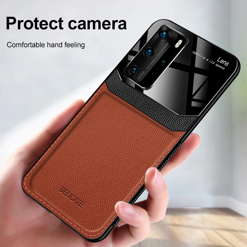 for huawei p40 pro plus case mirror plexiglass pu leather grain soft tpu phone case for huawei p40 lite back cover shell free global shipping