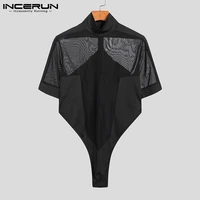 men bodysuit tee tops mesh patchwork turtleneck short sleeve undershirt men see through 2021 sexy bodysuits t shirts incerun 5xl