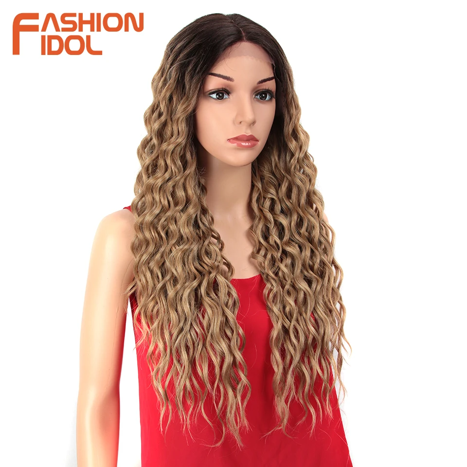 FASHION IDOL 28 inch Hair Synthetic Lace Front Wigs For Black Women Soft Loose Wave Hair Ombre Brown Pink Heat Resistant Hair