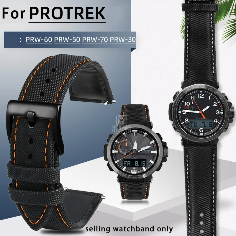 Canvas leather bottom watchband  for CASIO PROTREK series 5620 prw-50/70/30/60yt  nylon quick release men's wristband 23mm strap