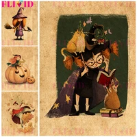 the little pumpkin witch and the wizard of autumn vintage decorative painting poster and print for living room decor unframed