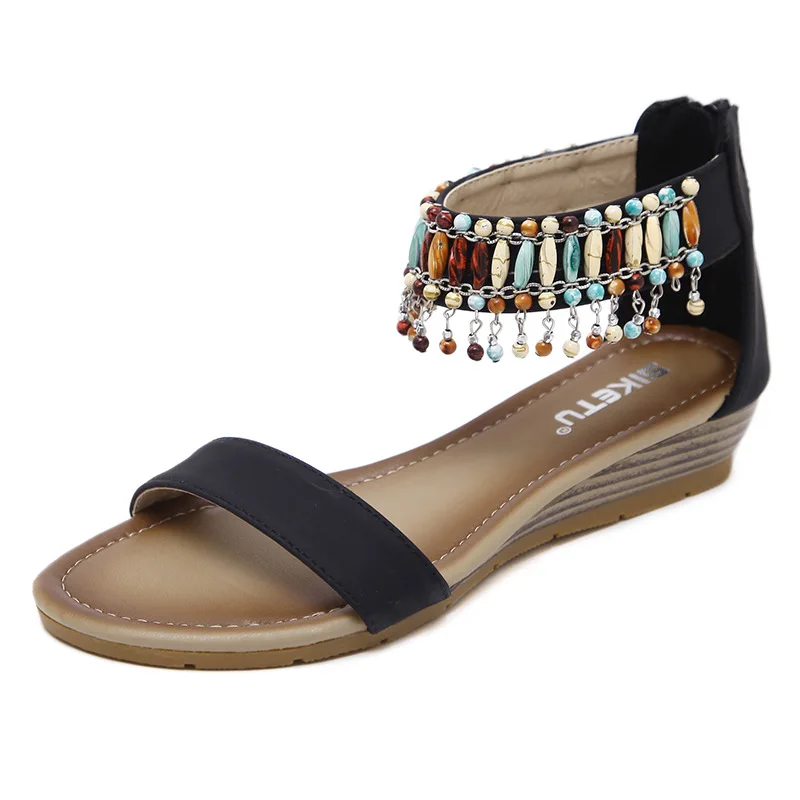 

New 2021 ethnic style women's shoes hanging bead wedges retro Roman sandals Hollow women's shoes Woman Slippers
