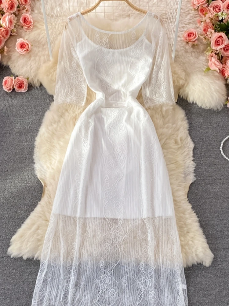 

Aibeautyer New Summer Vintage Floral Print Lady Short Dress A Line O Neck Chiffon Pullover Mid-calf Women Medium Dresses
