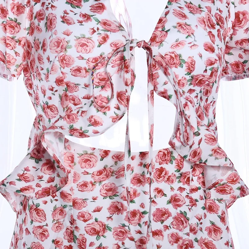 

2021 summer floral dress women's V-neck low cut lace up A-line skirt high waist sexy backless floral Mini Dress