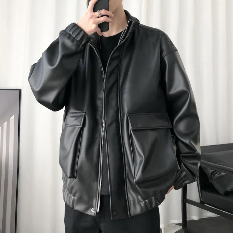 

Autumn Black Leather Jacket Men's Fashion Solid Color Casual Motorcycle Jacket Men Streetwear Loose Hip Hop Bomber Jacket Men