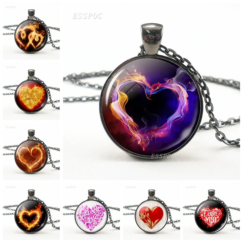 

Valentine's Day Gifts Heart Pattern Glass Dome Necklace Fire Heart Chain Pendant Necklace for Men Women Couples Jewelry