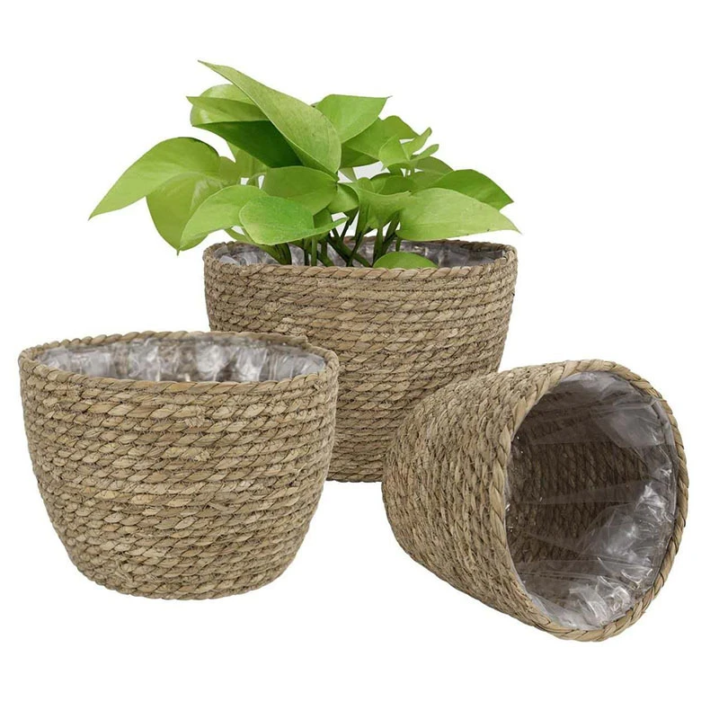 S/M/L Household Foldable Natural Seaweed Woven Storage Pot Planter Pot Hanging Storage Basket for Balcony Hallway Living Room