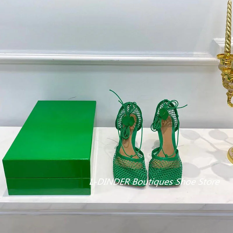 Jual L-DINDER Sandal Wanita Jaring Ungu Hak Tinggi Sepatu Pesta Perjamuan Kaki Persegi Lintas Terikat Sandal Liburan Kulit Asli Stiletto