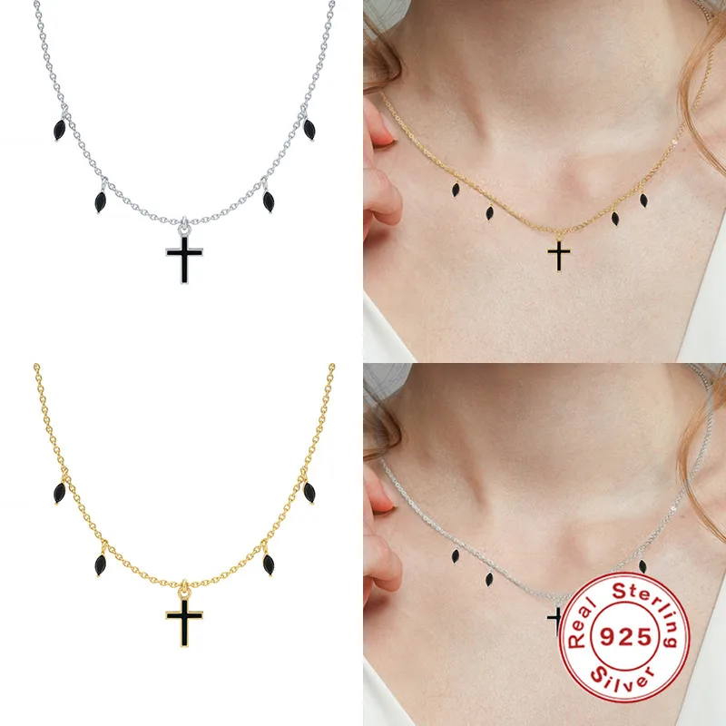 

CANNER Luxury Rainbow Zircon Necklace For Women Real 925 Sterling Silver Cross Pendant Necklace Clavicle Chain Necklaces Jewelry