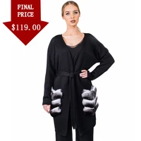 women fur cardigan cashmere sweater knee length coat with rex rabbit fur trim pockets