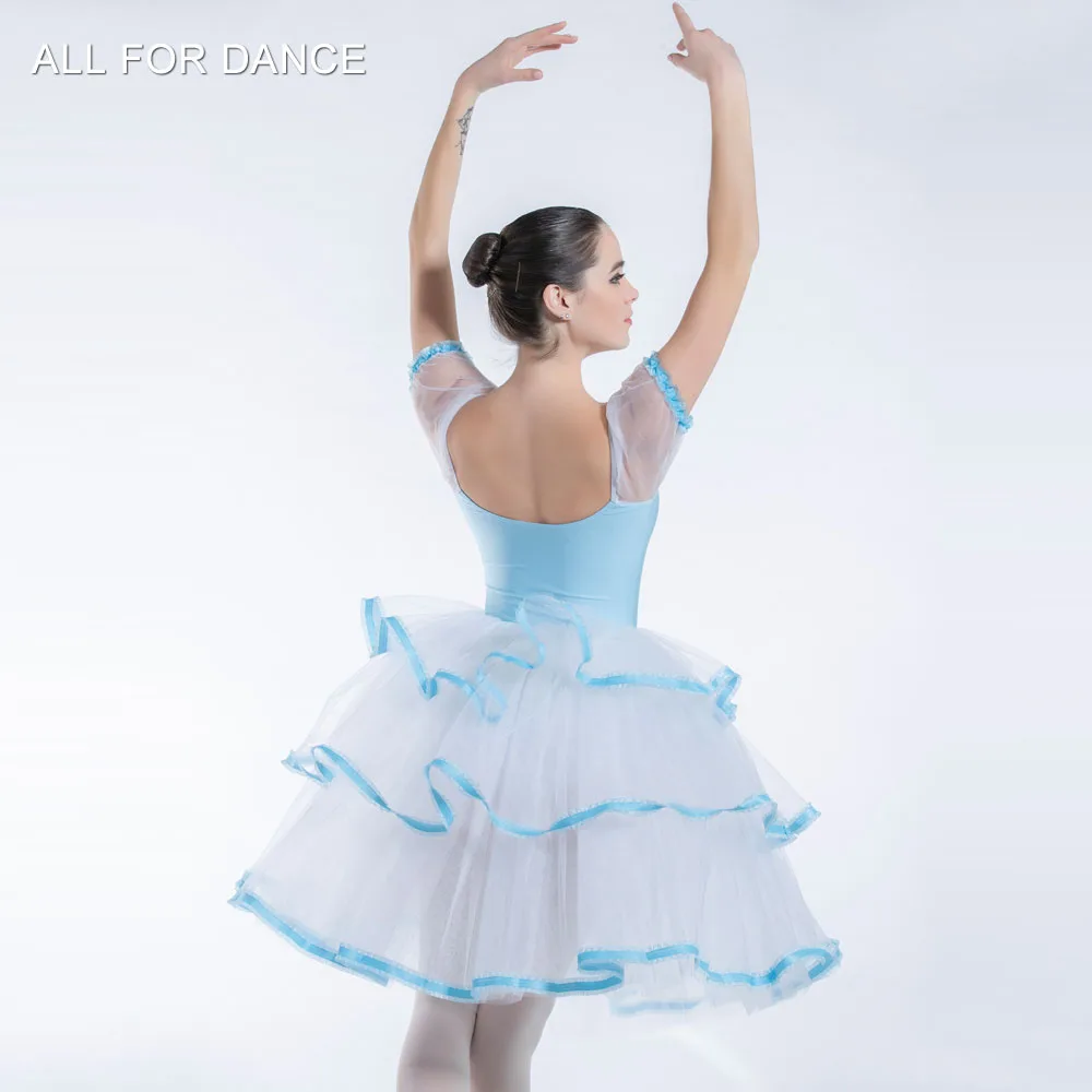 19338 Бледно-синий лиф с короткими рукавами танцевальный костюм балетная пачка для