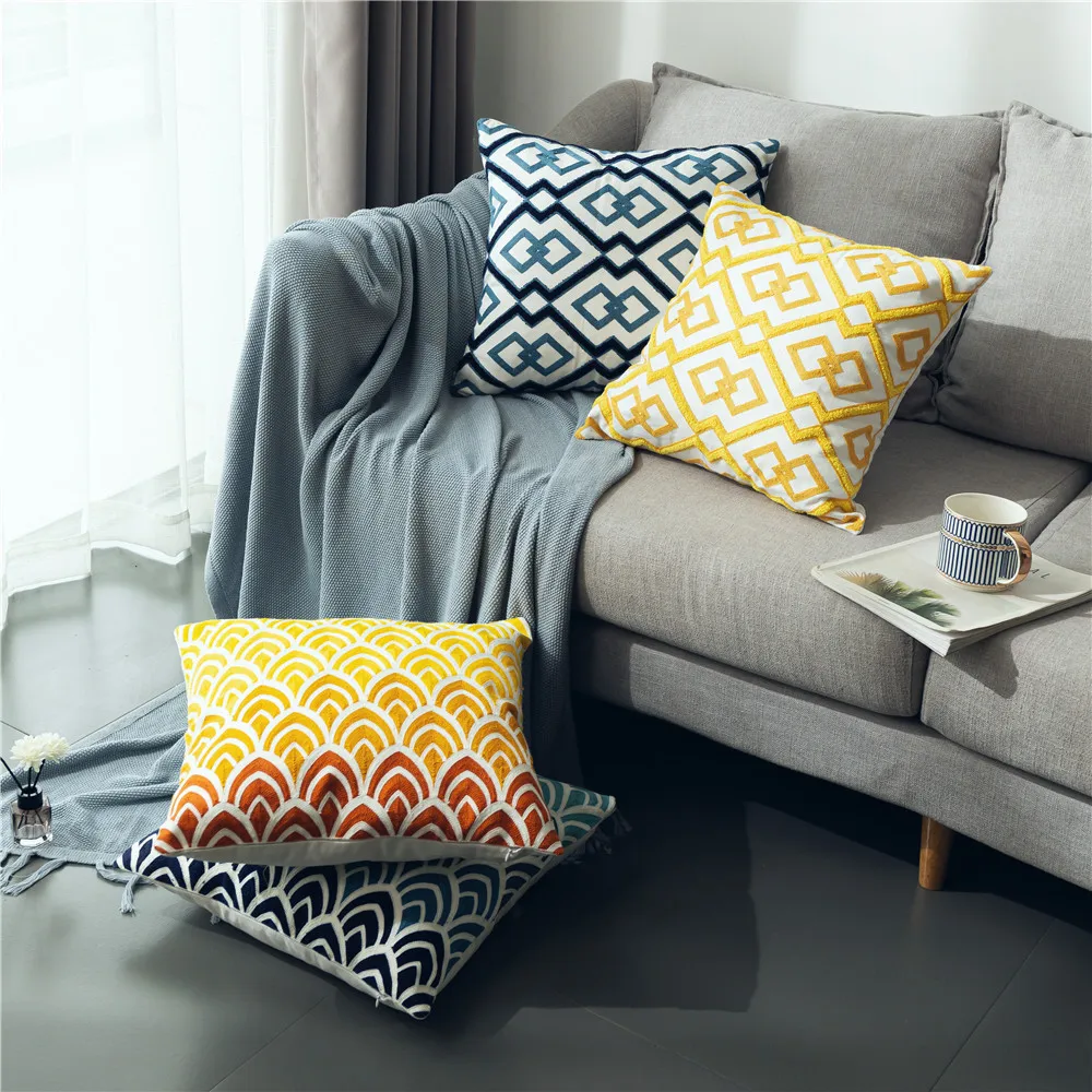

Cotton Canvas Embroidered Cushion Cover Bohemian Ethnic Yellow Navy Fish Scale Pillow Case 45x45cm Home Decoration