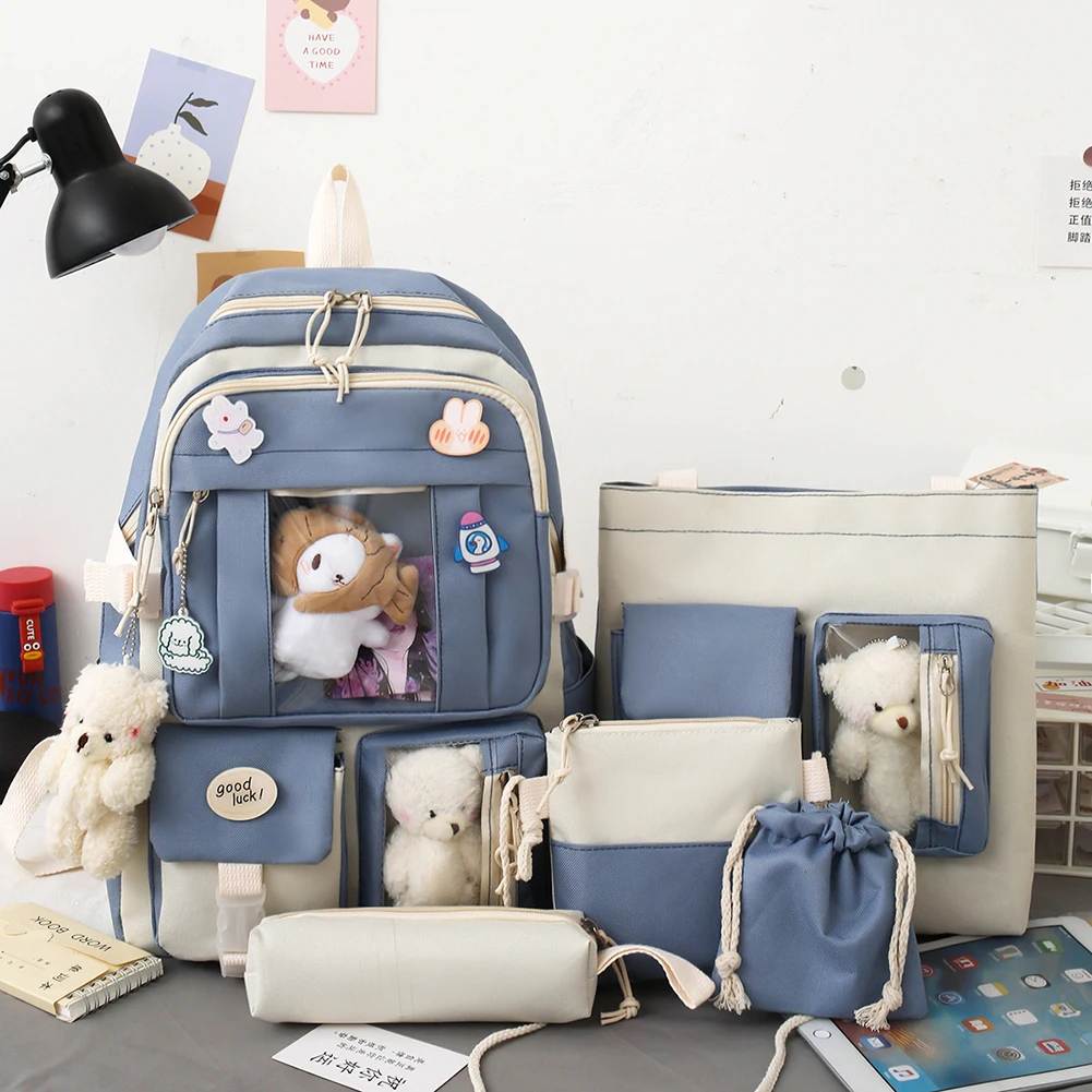 

Women Fashion Backpack Canvas Hit Color 5pcs Composite Bags High School Girls Backpack School Bags For Teenage Girls New Stylish