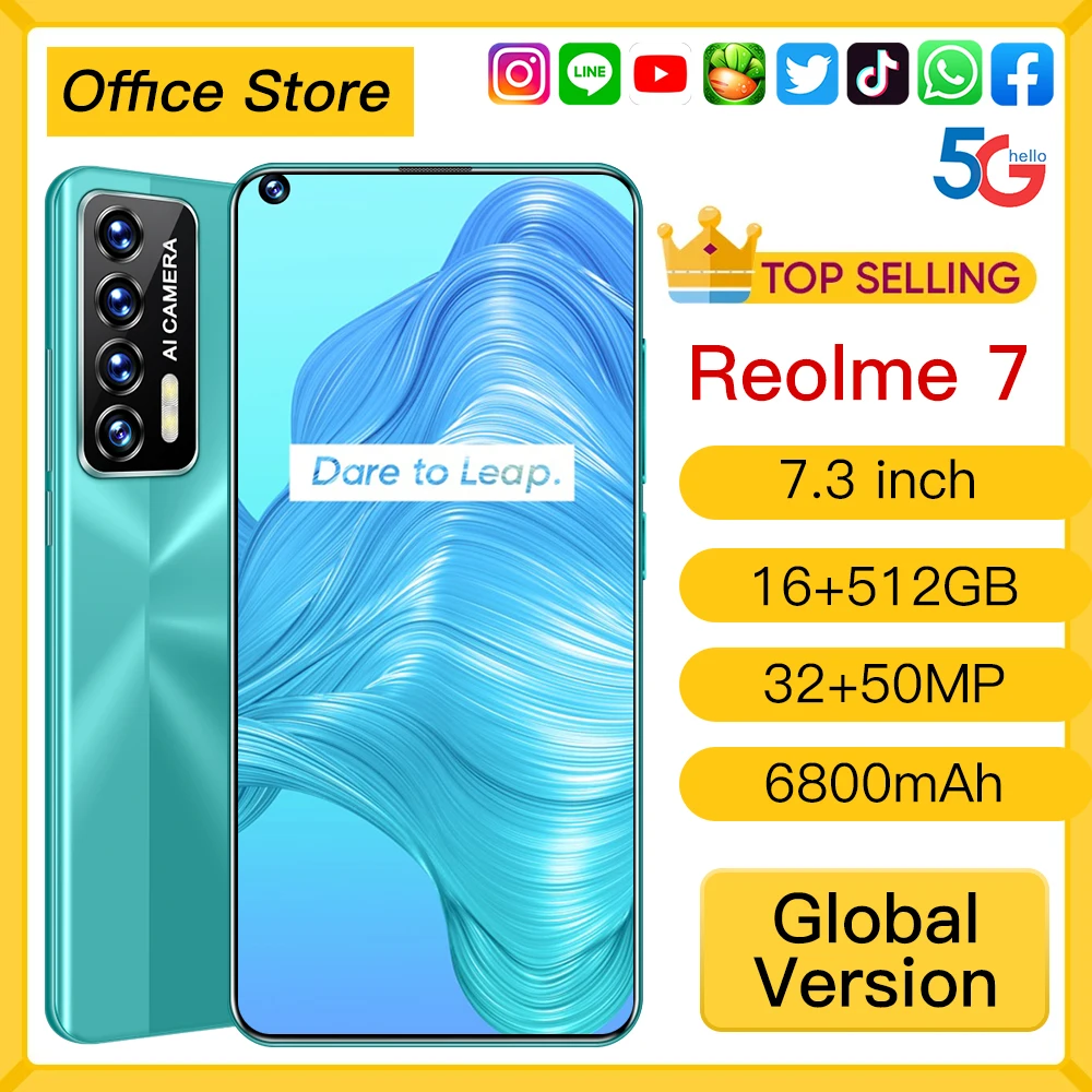 

Smartphones Reolme 7 Global Version 6800mAh Qualcomm Snapdragon 888 Android11.0 16GB+1T 7.3 Inch 5G LTE Face Unlock Mobile Phone