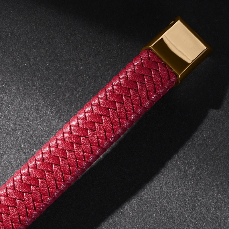 MOZO FASHION 2020 Punk Men Jewelry Red Braided Leather Bracelet Gold Stainless Steel Magnetic Clasp Fashion Women Bangles 161 | Украшения и