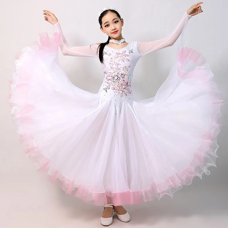 

Girls Ballroom Dance Competition Dresses White Diamond Long Sleeve Skating Dress Standard Dance Dresses Festival Clothing DQS37