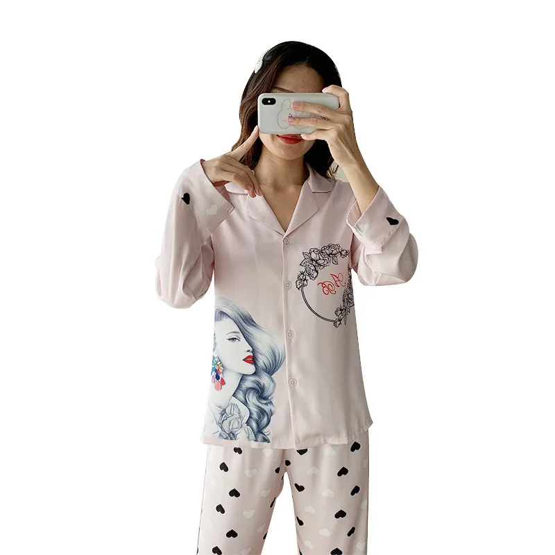 

2021 New Ice Silk Pajamas Women Long-Sleeved Trousers Printed Suit Lapel Comfortable Tracksuit