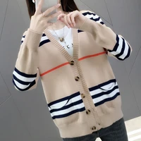 stripe knit female loose new autumnwinter 2020 v neck sweater long sleeved cardigan coat jacket