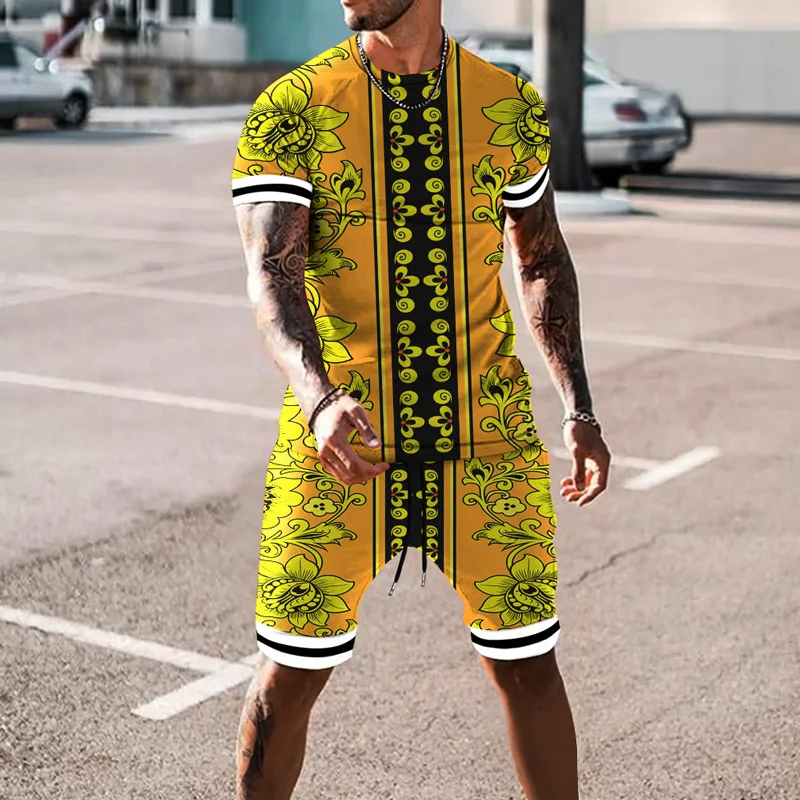 

Retro Ethnic Classic Printing Summer Men's Suit Oversized T-shirt + Beach Pants 2-Piece Set of 2021 Fashion Men's Clothing S-6XL