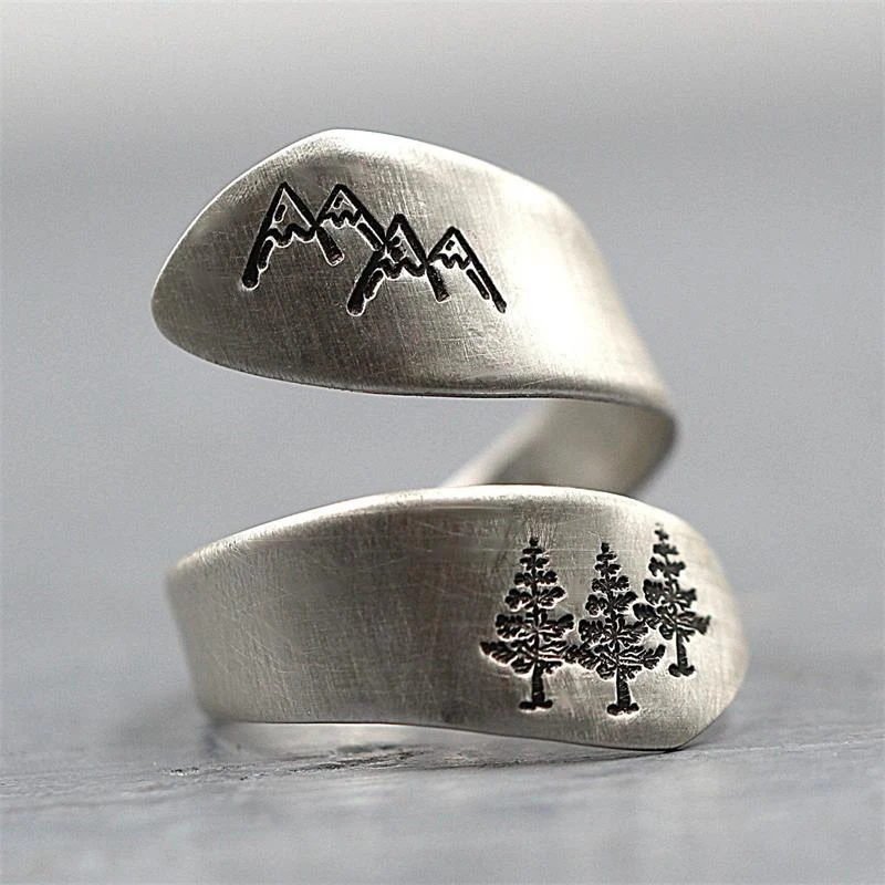 

Vintage Silver Color Men Ring Open Hand Make Mountain Peak Tree Forest Adjustable Wedding Rings for Women Fashion Jewelry