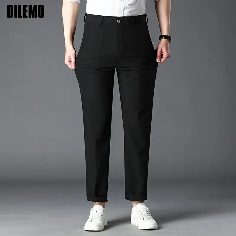 

High Quality New Designer Brand Korean Casual Fashion Straight Fashion Men Long Pants Stretch Zipper Trousers Men's Clothing